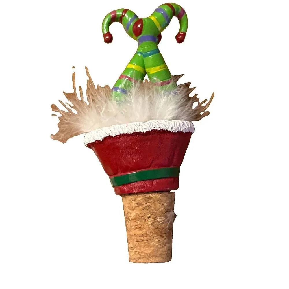 Christmas Elf Wiggly Legs Santa Suit Striped Socks Wine Bottle Cork Stopper